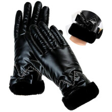Touchscreen Winter Gloves Women's with Fur Lining for Phone Tablet Use in Black Glossy