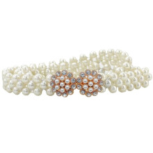 White Adjustable Pearl Belt for Women Elastic Braided 2cm Wide Metal Buckle Closure