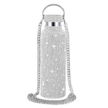 Zilveren waterfles van roestvrij staal met strass en ketting, thermosfles van 500 ml met glinsterende afwerking