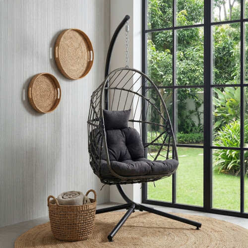 Living And Home Swing Hanging Egg Chair with Cushion and Headrest, Grey + Black