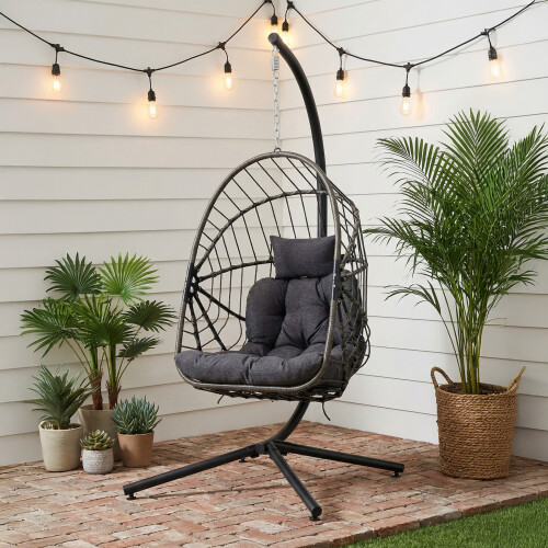 Living And Home Swing Hanging Egg Chair with Cushion and Headrest, Grey + Black 1