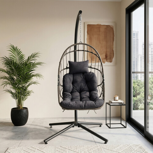 Living And Home Swing Hanging Egg Chair with Cushion and Headrest, Grey + Black 2