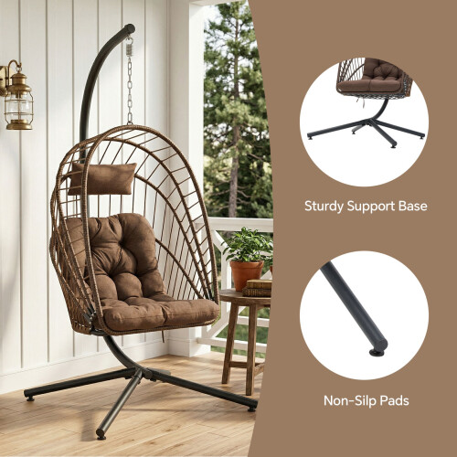 Living And Home Swing Hanging Egg Chair with Cushion and Headrest, Brown + Black 2