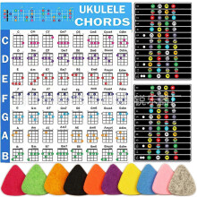 Ensemble de stickers pour ukulélé avec diagramme d'accords et manche, comprenant 10 médiators en feutre pour débutants et pratique.