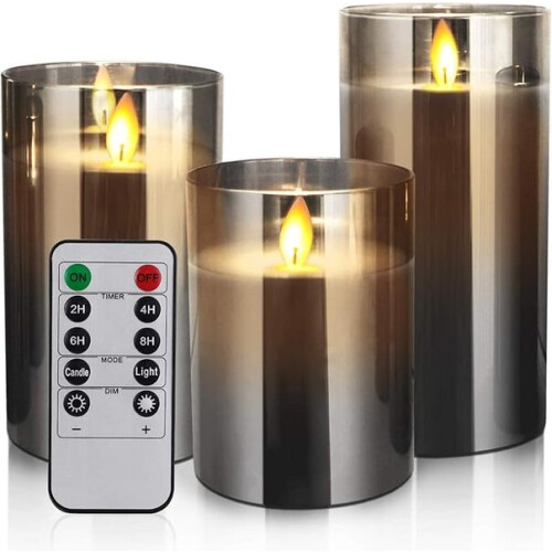 LED Electric Candle with Remote Control, Flickering Flame, Timer Function, Set of 3, Glass Bowl