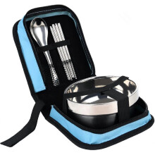 Outdoor-Campingbesteck-Set aus Edelstahl, faltbare Essstäbchen, Löffel, Schüsseln, Picknick-Reisegeschirr-Set, blau, 1-teilig
