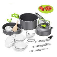 Draagbare camping kookset van gehard geanodiseerd aluminium, inclusief pan, waterkoker, barbecue en picknickmand.