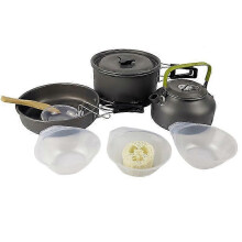 Aluminium opvouwbare pannenset voor op de camping, inclusief koekenpan, theepot en kommen.