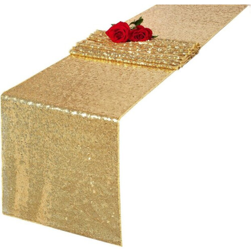 Sequin Table Runner 12x72 Inch Polyester Mesh with 3mm Sequins Laser-Cut Edges Hand Washable