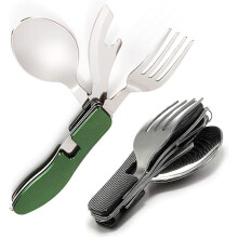 Outdoor Folding Cutlery Set, Stainless Steel Detachable Camping Tableware with Fork Spoon Knife Can Opener, Green Black