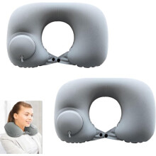 U-Shaped Inflatable Travel Pillow with Fluff Cover Light Grey for Neck Support, Sitting Sleeping