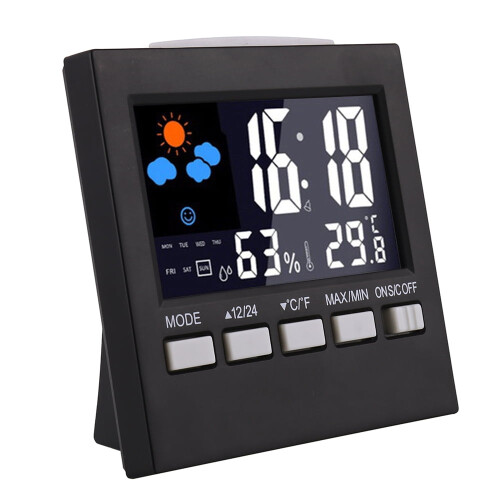 Digitalt vækkeur med termometer og kalender, sort