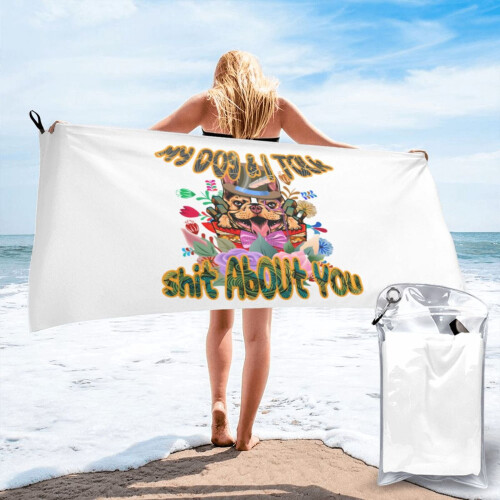 Serviette de plage « Mon chien et moi parlons de toi » – Polyester/Coton,