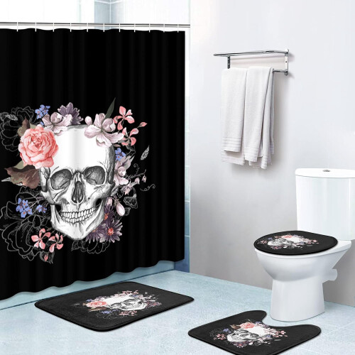 Ensemble rideau de douche flamant rose tropical 4 pièces