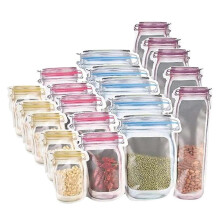 Reusable Mason Bottle Zipper Bags 20 Pack PET Leakproof Seal Assorted Sizes for Kitchen Fridge Food Storage