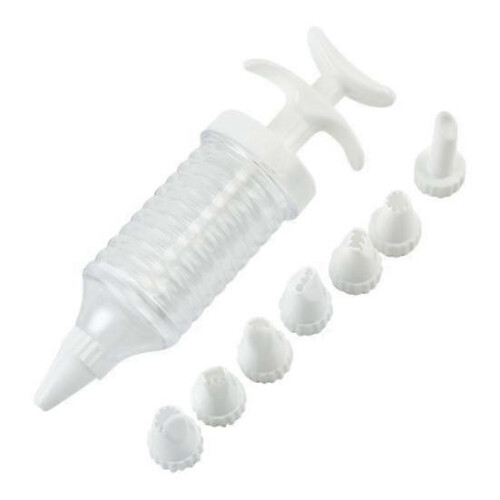 Siringa per decorare torte resistente, in plastica termoresistente, con 7 beccucci decorativi.