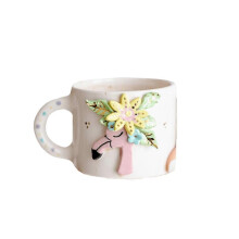 Ceramic Mug Hand-Painted 3D Flamingo Floral Crown Gold Accents 350ml Tropical Turkish Handcrafted for Coffee Tea Warm Drinks