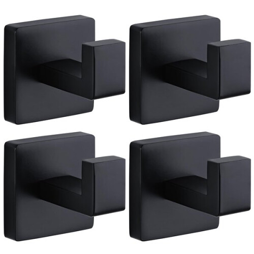 Adhesive Hooks Black Stainless Steel 4 Pack, Wall Mounted for Bathroom Kitchen