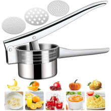 Aardappelpureemaker van roestvrij staal met 3 verwisselbare platen voor thuis- en restaurantkeukens.
