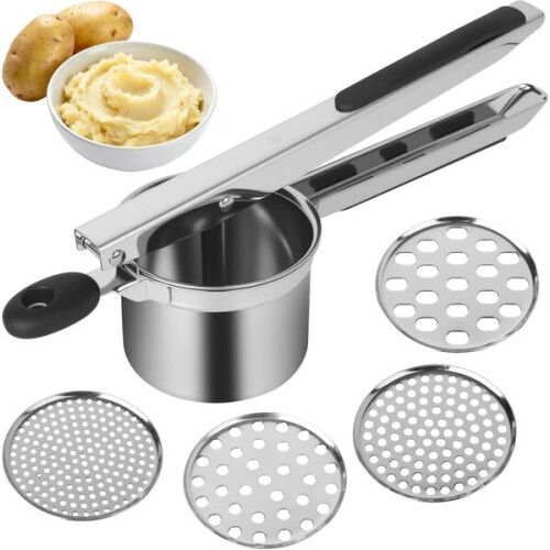 Potato Press, Stainless Steel with 4 Interchangeable Sieves for Vegetable Puree and Mashed Potatoes