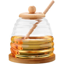 Honey Jar with Spoon, Borosilicate Glass and Wooden Lid, 500ml Capacity, Clear Tabletop Dispenser