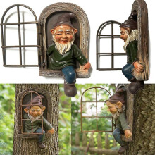 Garden Gnome Statue Outdoor Waterproof Hanging Resin Ornament for Garden Tree Fence Decoration