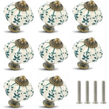 Juego de 8 pomos de cerámica color marfil y verde, con forma de calabaza, de estilo vintage para cajones y armarios de muebles.