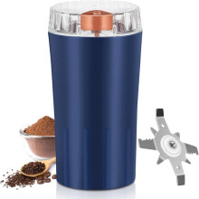 Macinacaffè elettrico da 300 W, blu, con lame in acciaio inox e coperchio trasparente per chicchi di caffè.