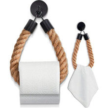 Toiletpapierhouder voor wandmontage, geen boren nodig dankzij zelfklevende bevestiging, matzwart metaal met jute touw, handdoekring voor de badkamer