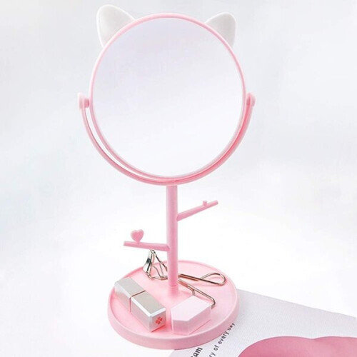 Cat Ear Table Mirror with 180 Degree Rotation, Pink Vanity Mirror for Dressing Table