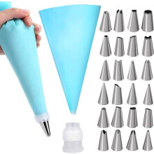 Pastry Bag and Tip Set, 24 Nozzles, Reusable, Stainless Steel for Cake and Cookie Decoration