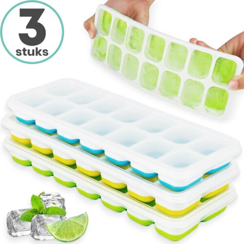 Silicone Ice Cube Tray Set 3-Piece with Leak-Proof Lid, BPA-Free, Stackable & Dishwasher Safe