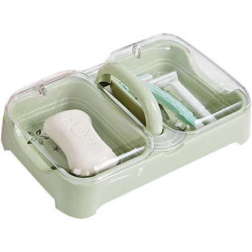 Double-layer soap dish with lid, green, drainage design for bathroom kitchen laundry utility room