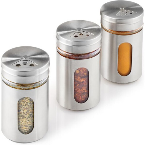 Stainless Steel Spice Jar Set, 3-Piece, 100 ml, Adjustable Shaker with Glass Jar