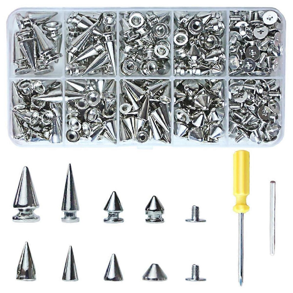 Punk Spikes And Studs Kit 354 Pcs 8 Size Silver Zinc Alloy Cone Spikes With Punch Screwdriver For Leathercraft Clothing Bag Diy 6966168023098