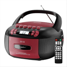 Draagbare cd-cassettespeler met AM/FM-radio, Bluetooth 5.1, AUX, USB, MP3-bandopname en afstandsbediening, EU-stekker (rood/zwart).