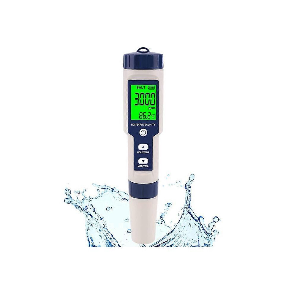 5 In 1 Digital Salinity Meter Ez-9909, Ip67 Backlit Display, Tests Ph Tds Conductivity For Salt Water Swimming Pools 6966168145455