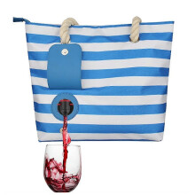 Bolsa térmica portátil para vino, a rayas, para playa o picnic, con forro interior, color azul, 33 x 42,5 cm.