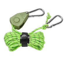 Corda da campeggio regolabile in 5 pezzi, verde, con sistema di puleggia a sgancio rapido e cricchetto, in nylon riflettente.