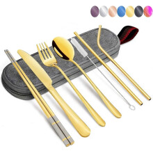 Campingbesteck-Set, 8-teiliges Edelstahl-Besteck mit Etui, Strohhalmen, Essstäbchen