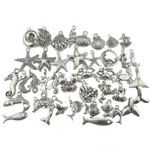 40Pcs Marine Animal Alloy Jewelry Pendants, Hippocampus Dolphin Fish Crab Shell Charms for DIY Craft