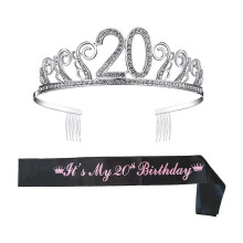 Set Number 20 Rhinestone Crown Hair Comb Letter Print Sash Tiara Birthday Decoration Etiquette Belt