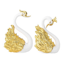 2 Pcs Golden Crown Swan Plastic Sculpture Cake Figurine Desktop Adornment Car Ornament