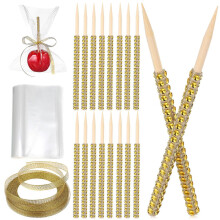 1 Set Rhinestone Wooden Candy Apple Sticks with Storage Bag & Ribbons