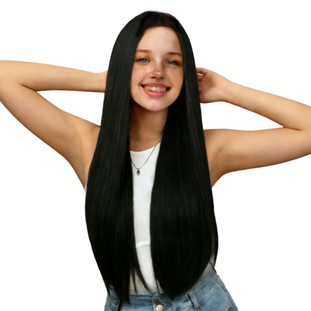 Black Full Head Synthetic Wigs Straight Hairpiece Heat- 26Inches