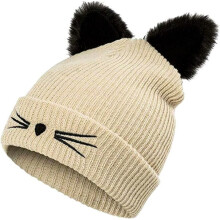 Warm Knitted Cat Hat with Ears for Women, Soft Acrylic Fibre, Stretchy Cuff, Beige Winter Beanie for Ski & Outdoor