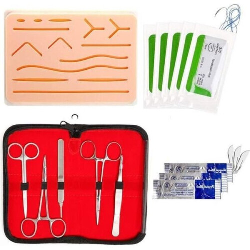Complete Surgical Suturing Training Kit, All-Inclusive Instruments & Threads, Simulated Skin Pad with Embedded Objects