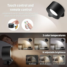 USB Rechargeable Wireless Wall Lamp with Touch Control, 3 Colour Modes & 20 Brightness Levels, Magnetic Rotating Mount