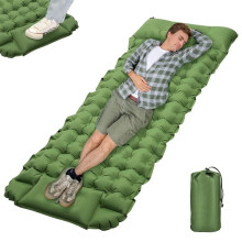 Opvouwbaar zelfopblazend campingmatras, 10 cm dik, ultralicht, zelfopblazend matras voor 1 persoon met voetpomp en kussen