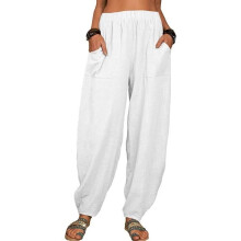 Sfit damesbroek met wijde pijpen van linnen, plus size katoenen, soepelvallende, casual, lichtgewicht harembroek met zakken, chique witte